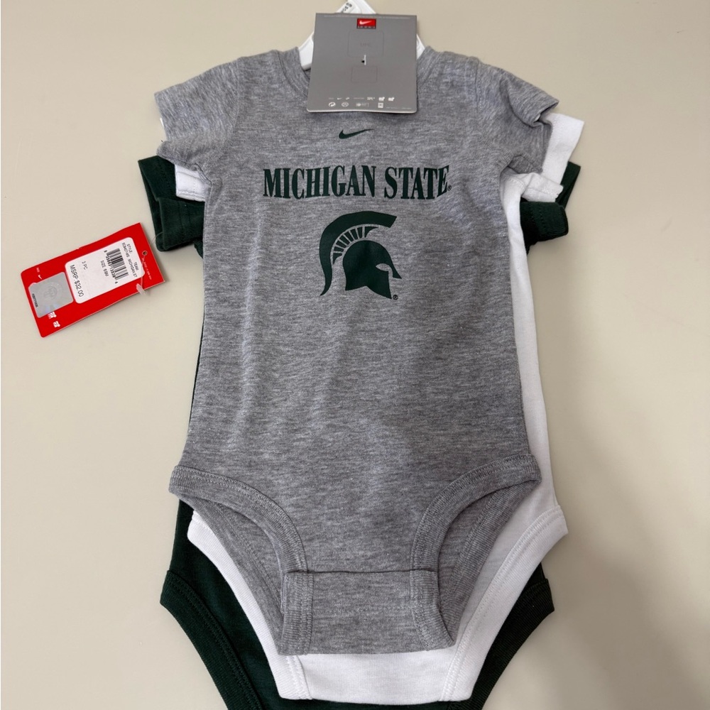 Nike Michigan State Baby Onesies in Gray, White, and Green